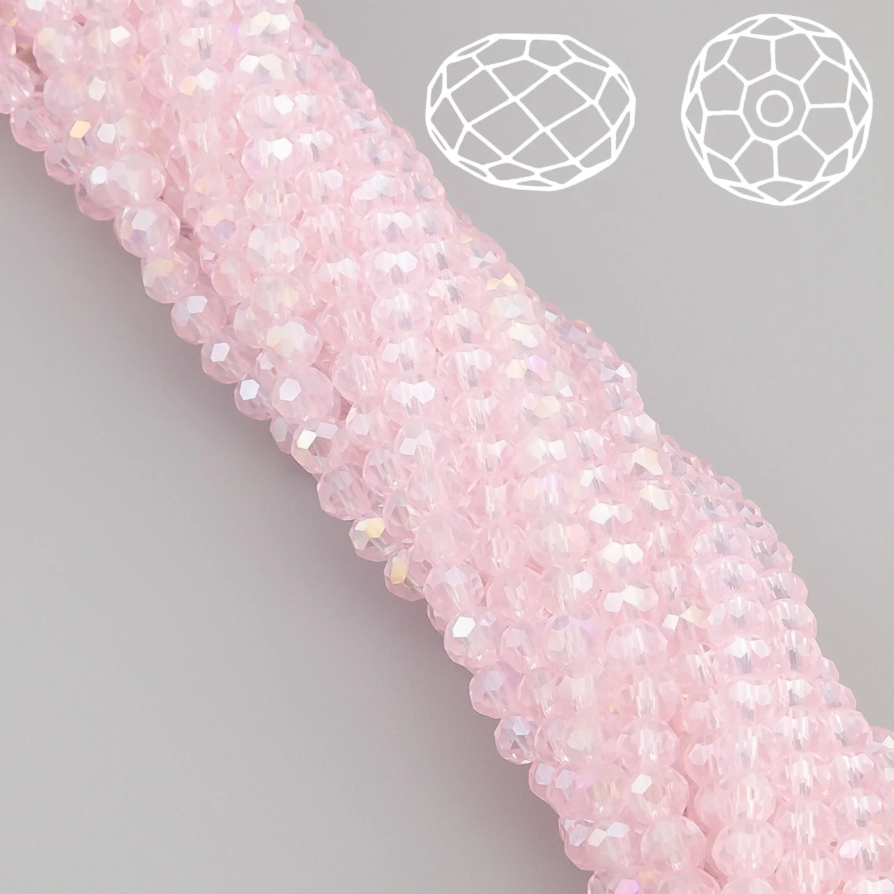 Бусины Swarovski огранка рондель 6х4,8 мм Ø 1 мм 40 см (+-85 шт.) Розовый светлый АВ прозрачный — изображение 2
